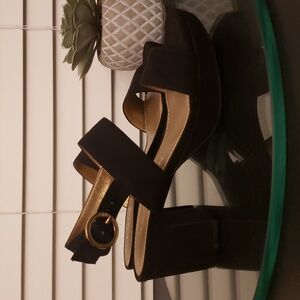 Anne Klein Black Chunky Faux Suede Heels Adjustable Ankle Strap Branded For